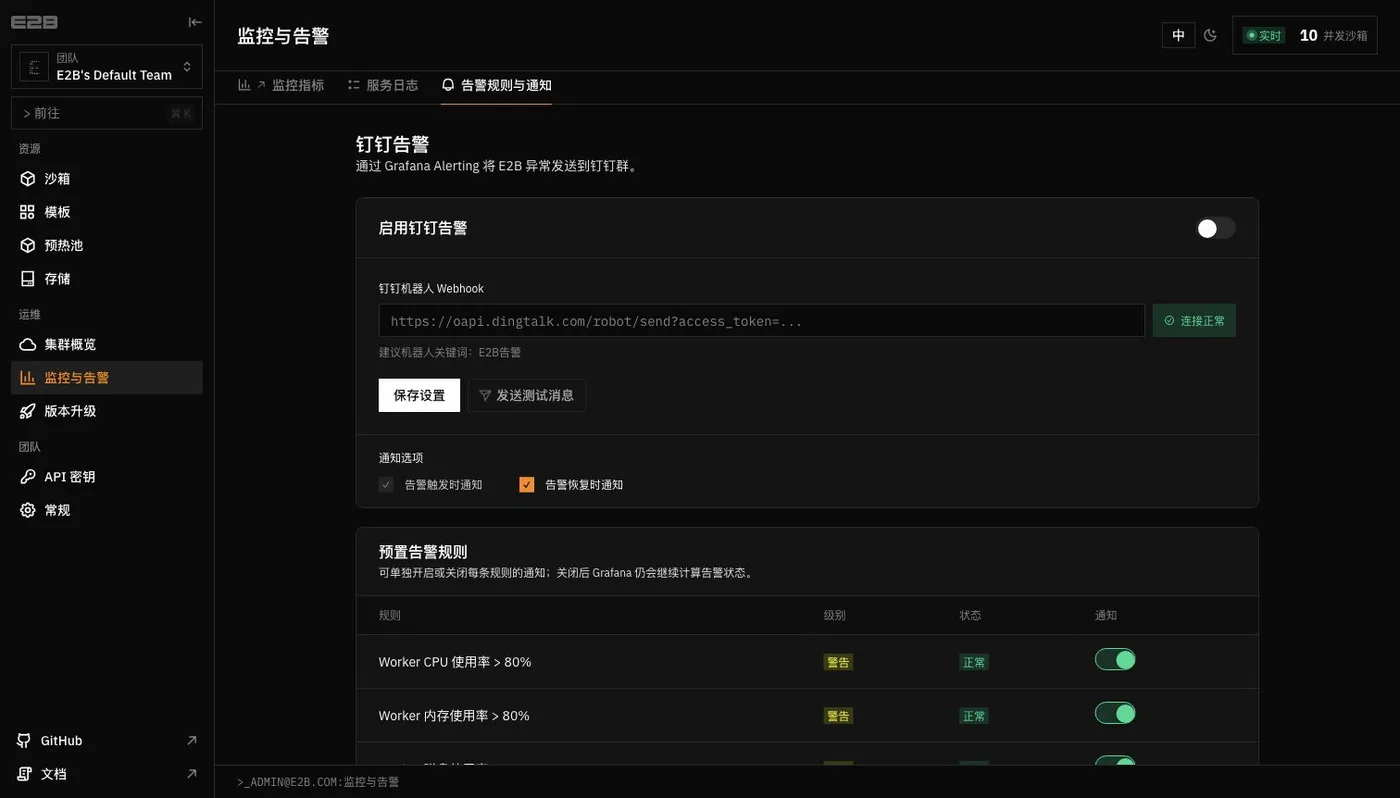 钉钉通知配置与预置告警规则