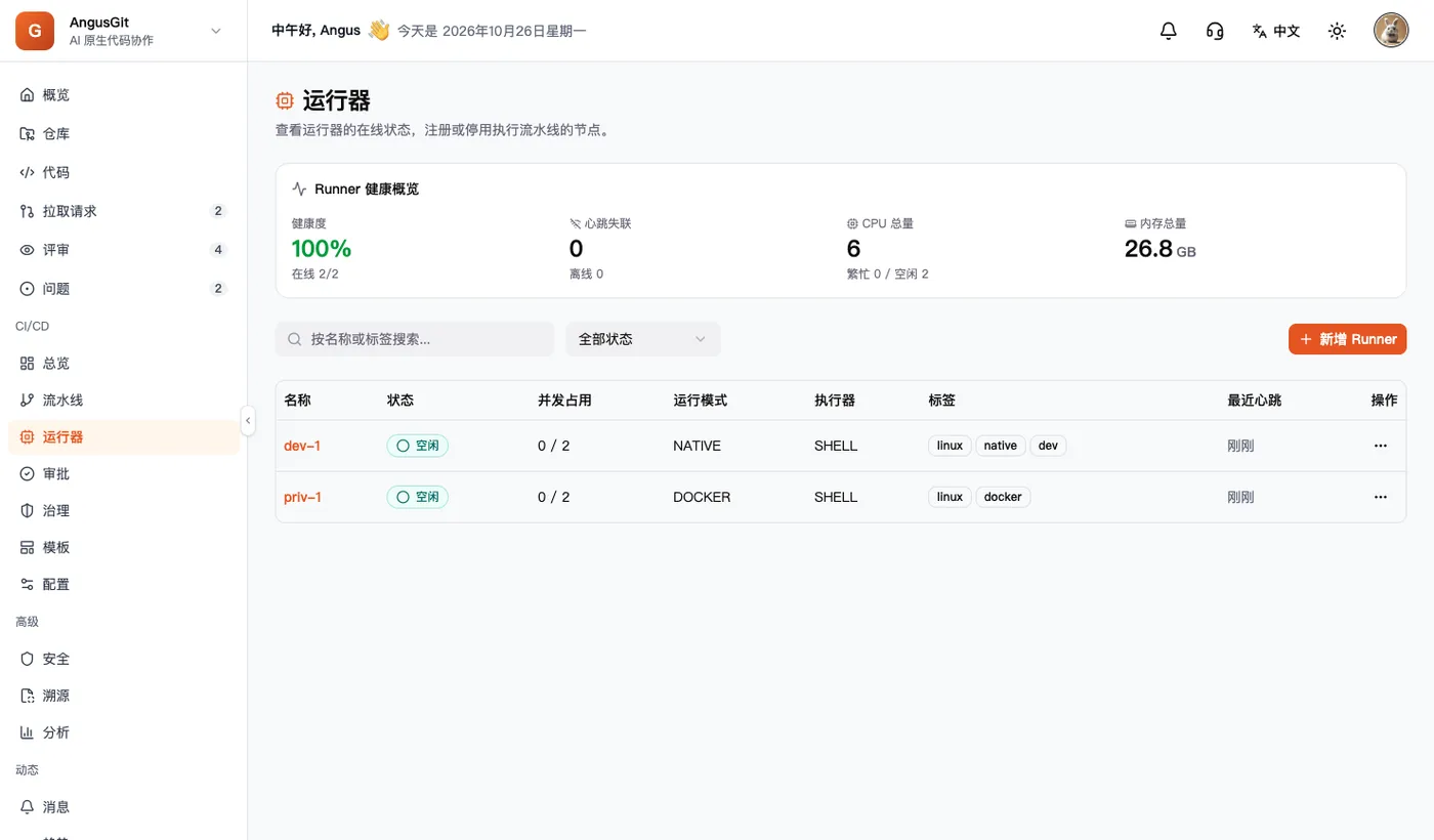 运行器列表：dev-1 是 NATIVE，priv-1 是 DOCKER，状态都是空闲