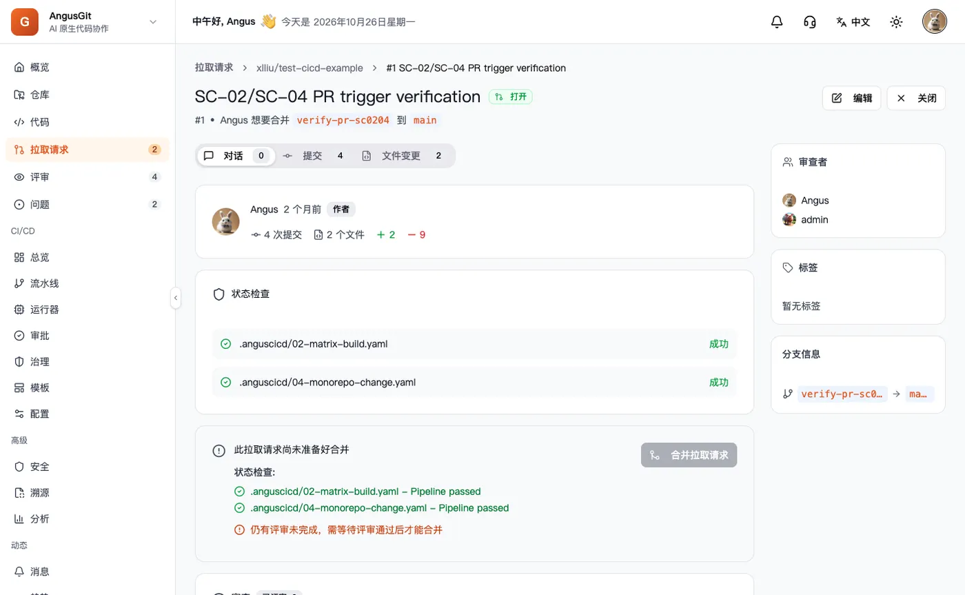 拉取请求 #1 的合并按钮是灰的：检查已通过，评审还没完成