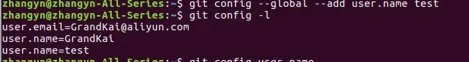 **global config --global --add user.name test**
