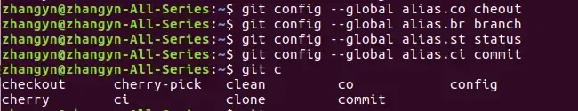 **git config --global alias.别名 原名称**