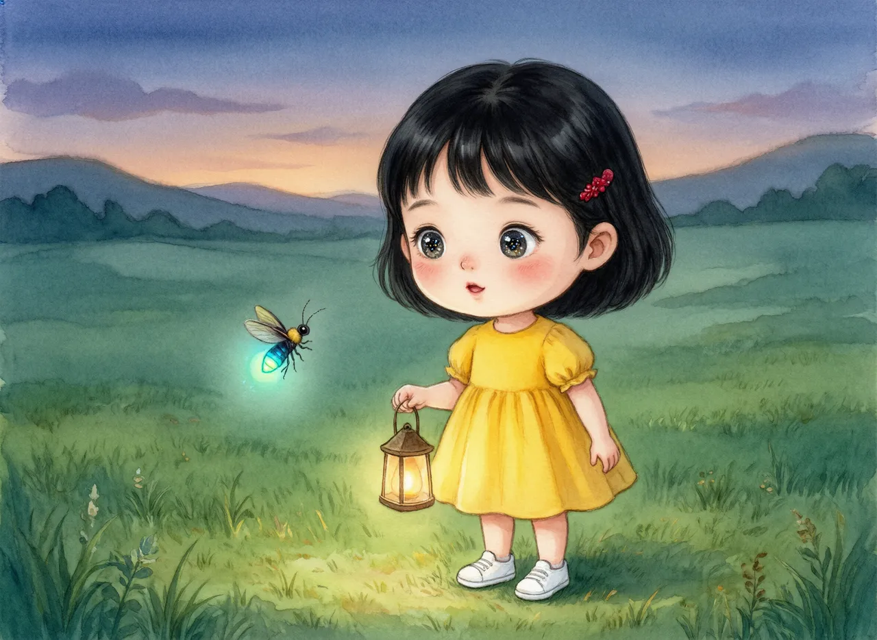 绘本场景一:黄昏草地遇萤火虫