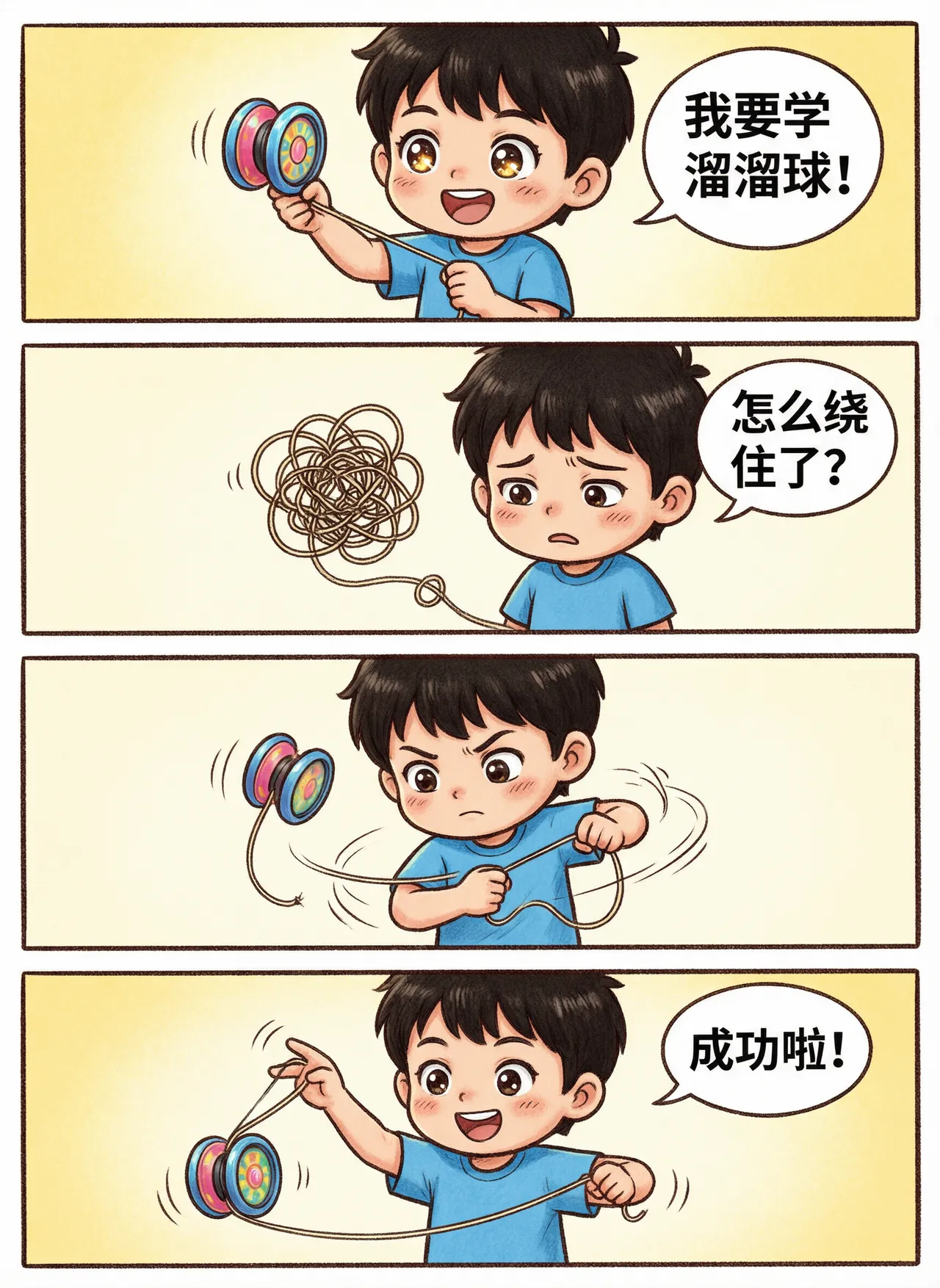 四格漫画:男孩学溜溜球
