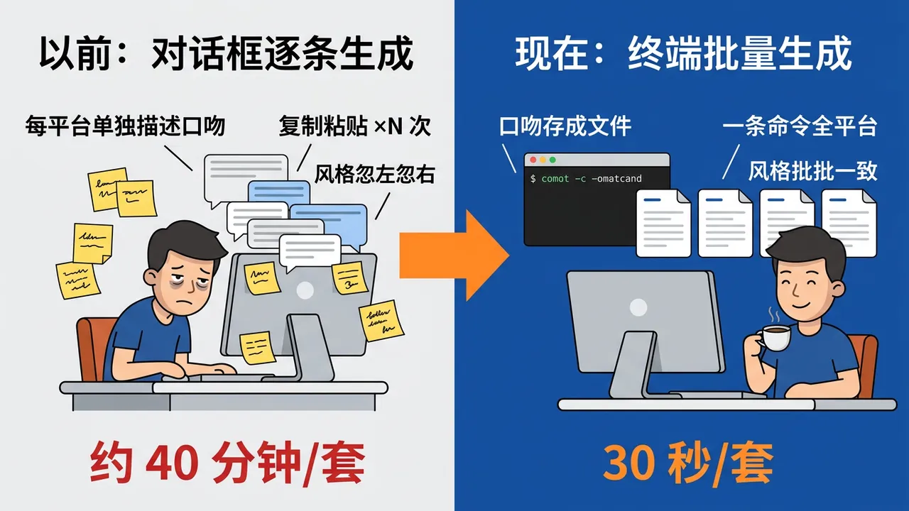 生产方式对比：对话式逐条生成约40分钟一套，CLI批量30秒一套且风格一致
