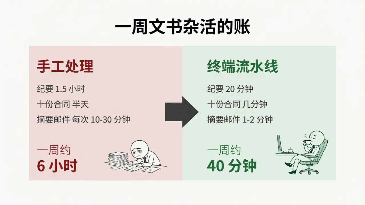 手工流程与CLI流水线的效率对比：一周文书杂活约6小时压缩到约40分钟