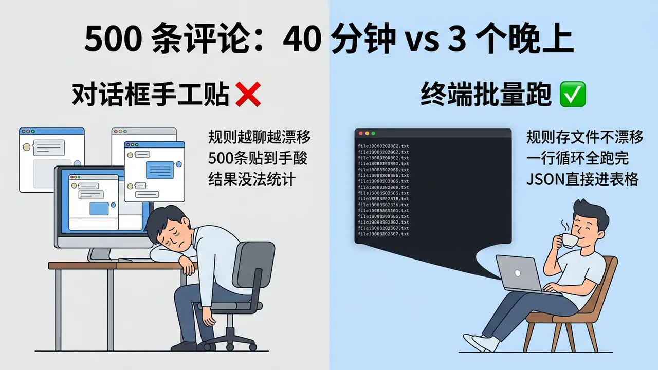 工作方式对比:对话框手工处理规则漂移难统计,CLI管道规则固定、结果结构化