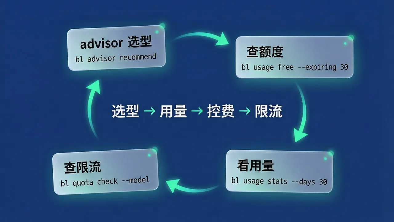 选型、用量、控费、限流四组命令构成闭环