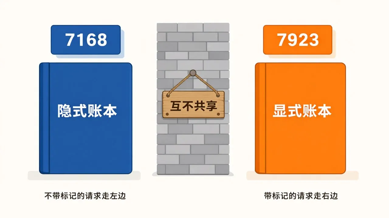 两条平行账本被一堵标有互不共享的砖墙隔开：左边蓝色隐式账本 7168 token，右边橙色显式账本 7923 token，不带标记的请求走左边，带标记的请求走右边